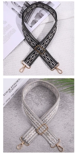 Detail of bohemian jacquard wide straps with gold hardware and adjustable buckle