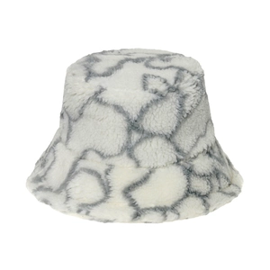 Winter faux fur bucket hat with gray marble pattern and warm lamb wool texture