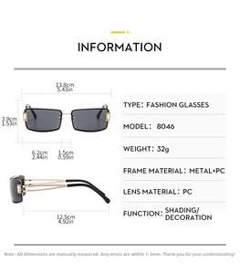 Size chart for Y2K square rimless sunglasses showing lens dimensions and metal frame specs