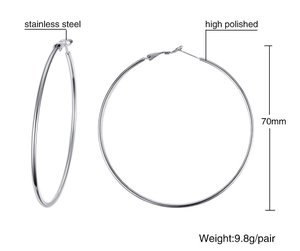 Detail of 70mm polished stainless steel hoop earrings showing size and weight specs