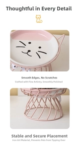 Detail of pink metal stand and ceramic cat bowl with smooth edges and stable base