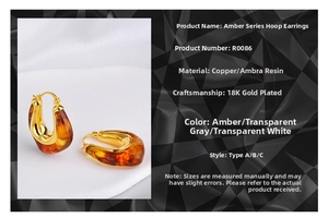 Macro detail of amber resin ear clips with 18K gold plated U-shaped copper buckle closure