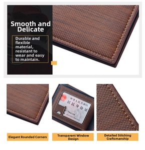 Detail of durable brown leather wallet showing smooth edges and transparent ID window