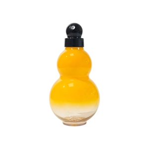 Gourd shaped portable water bottle with yellow gradient finish and black cap on white background