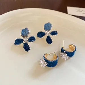 Blue Denim Flower Stud Earrings With Imitation Artificial Pearl Silver Earring Post Vintage Niche Aesthetic Jewelry For Women