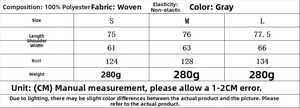 Size chart for two-piece kimono top and straight pants set in grey woven polyester fabric