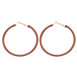 Minimalist round geometric drop earrings with brown leather wrap and gold-tone hooks