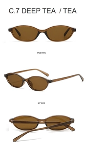 Three views of oval tea sunglasses showing front, side, and folded profiles clearly