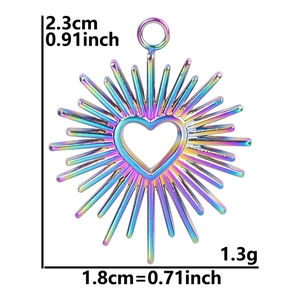 Detailed view of rainbow-plated heart sunburst pendant with 2.3cm height dimensions