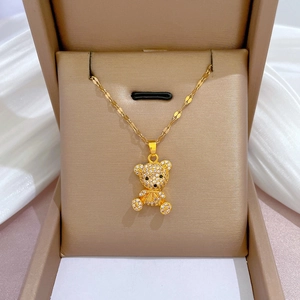 Teddy Bear Pendant Necklace Titanium Steel Gold Plated Micro Inlaid Zircon Dainty Elegant Ins Style Jewelry For Women