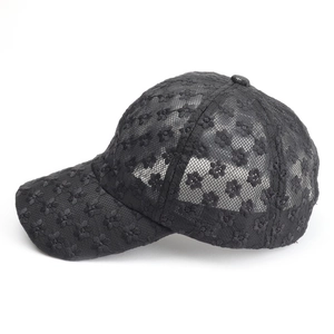 Women's black lace baseball cap with floral embroidery and breathable mesh texture