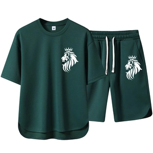 Men's summer dark green tracksuit featuring short sleeve t-shirt and shorts with lion logo