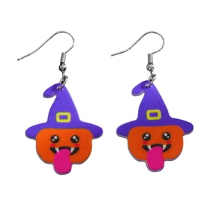 Acrylic Halloween pumpkin wizard earrings with purple witch hats and cute funny faces