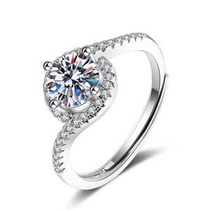 Macro shot of S925 sterling silver stamp and sparkling halo round zircon ring
