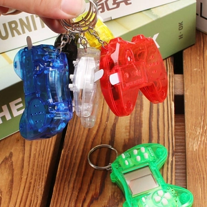 Mini handheld Tetris game console keychain in various transparent colors with metal chain