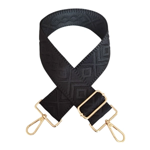 Black geometric jacquard wide shoulder strap with adjustable golden metal hooks