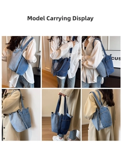 Multiple views of a blue denim patchwork bucket bag shown on a model in a grid layout