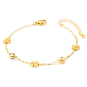 Golden titanium steel chain bracelet with four-leaf clover charms and zircon beads