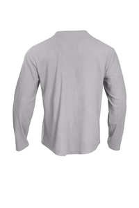 Close-up of the back view showing grey cotton-linen knit fabric texture on men's shirt