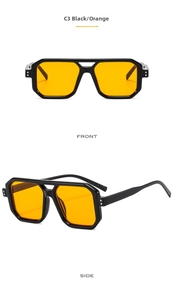 Detail view of double bridge geometric sunglasses with black frame and orange lenses