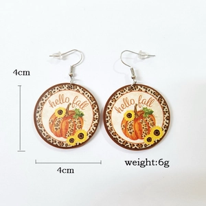 Fall themed leopard pumpkin and sunflower round earrings with hello fall text detail