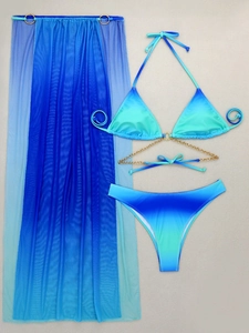 Three-piece ombre bikini set with chain detail and matching mesh maxi skirt cover-up