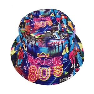 Reversible 80s vintage bucket hat with colorful retro cassette and gaming pattern