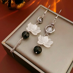 Detail of New Chinese style lotus flower earrings with white jade texture and long tassels