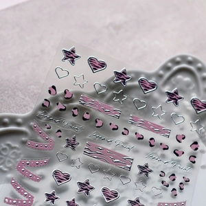 3D relief pink leopard heart nail stickers with metallic texture and bow designs