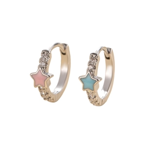Pink and blue star drop earrings in gold finish with small crystals on a white background