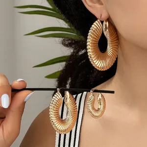 Vintage Gold Plated Alloy Hoop Earrings Set For Women Spiral Textured Geometric Round Circular Statement Jewelry Gift