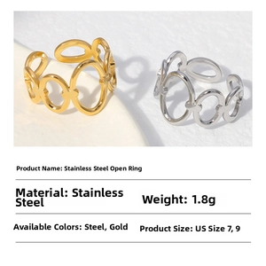 Detailed view of 1.8g stainless steel adjustable rings in gold and silver finishes
