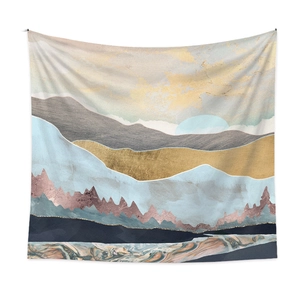 Detail of abstract mountain landscape tapestry with marble fluid textures and sun
