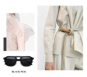 Collage featuring black aviator sunglasses with a beige linen shirt and rope belt detail