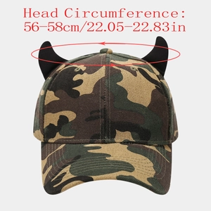 Camo baseball cap with devil horns showing head circumference measurement 56-58cm