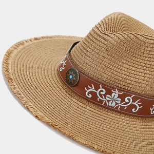 Ethnic wide brim straw hat with floral embroidery and turquoise accent for beach vacation