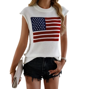 Sleeveless white knit top with American flag pattern for women casual summer style