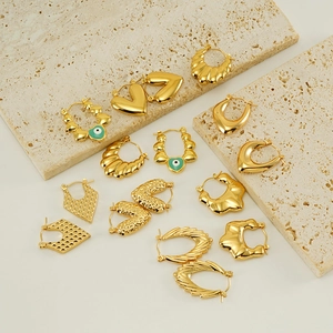 18K gold plated stainless steel hollow hoop earrings set with green eye enamel details