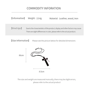 Detailed spec sheet showing the leather and wood double cross necklace dimensions