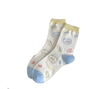 White cartoon bear cotton mid-calf socks with yellow rib cuffs and blue color blocking