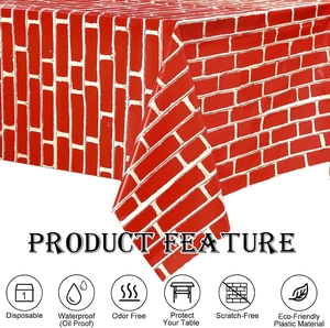 Detail of red brick disposable tablecloth showing waterproof and eco-friendly features