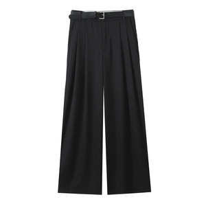 Pantalon noir large avec plis et ceinture assortie, style élégant et taille haute