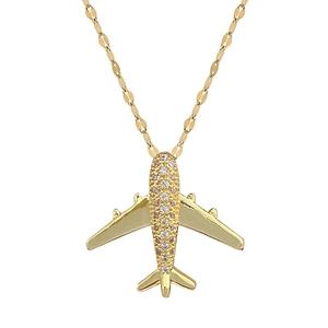 Luxurious gold-plated airplane pendant necklace with shimmering crystal pavé on flat link chain
