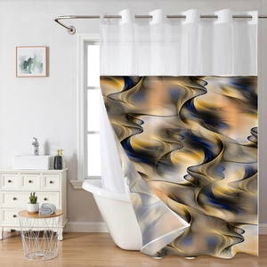 Close-up of abstract floral bird print shower curtain with metal grommets and rings