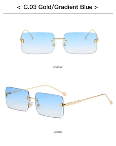 Randlose quadratische Metallsonnenbrille in Gold mit blauen Verlaufsgläsern im Detail