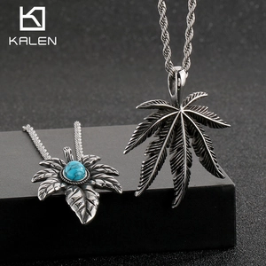 Collier Pendentif Feuille Vintage Acier Inoxydable Punk Incrusté De Turquoise Bijoux Homme