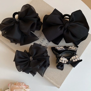 Grande Molletta Per Capelli Con Fiocco Nero Con Strass Tessuto Organza Raso Elegante Stile Francese Shark Grip Per Donne