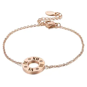 Bracelet minimaliste en acier inoxydable rose doré avec chiffres romains et cristaux