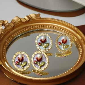 French vintage baroque pearl stud earrings with red tulip enamel and gold hollow lace