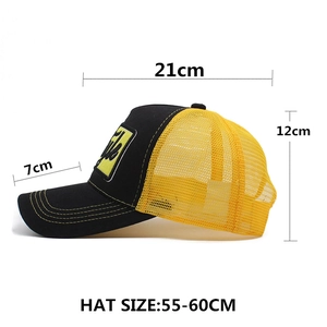 Black and yellow 3D embroidered trucker hat with breathable mesh and sizing dimensions